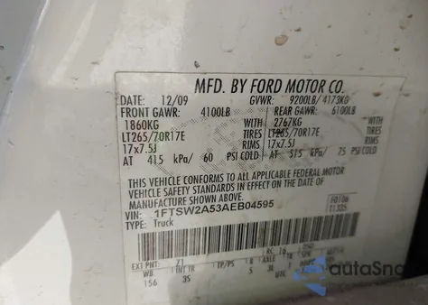 2010 Ford F-250 Xlt из США, поврежденный, VIN 1FTSW2A53AEB04595